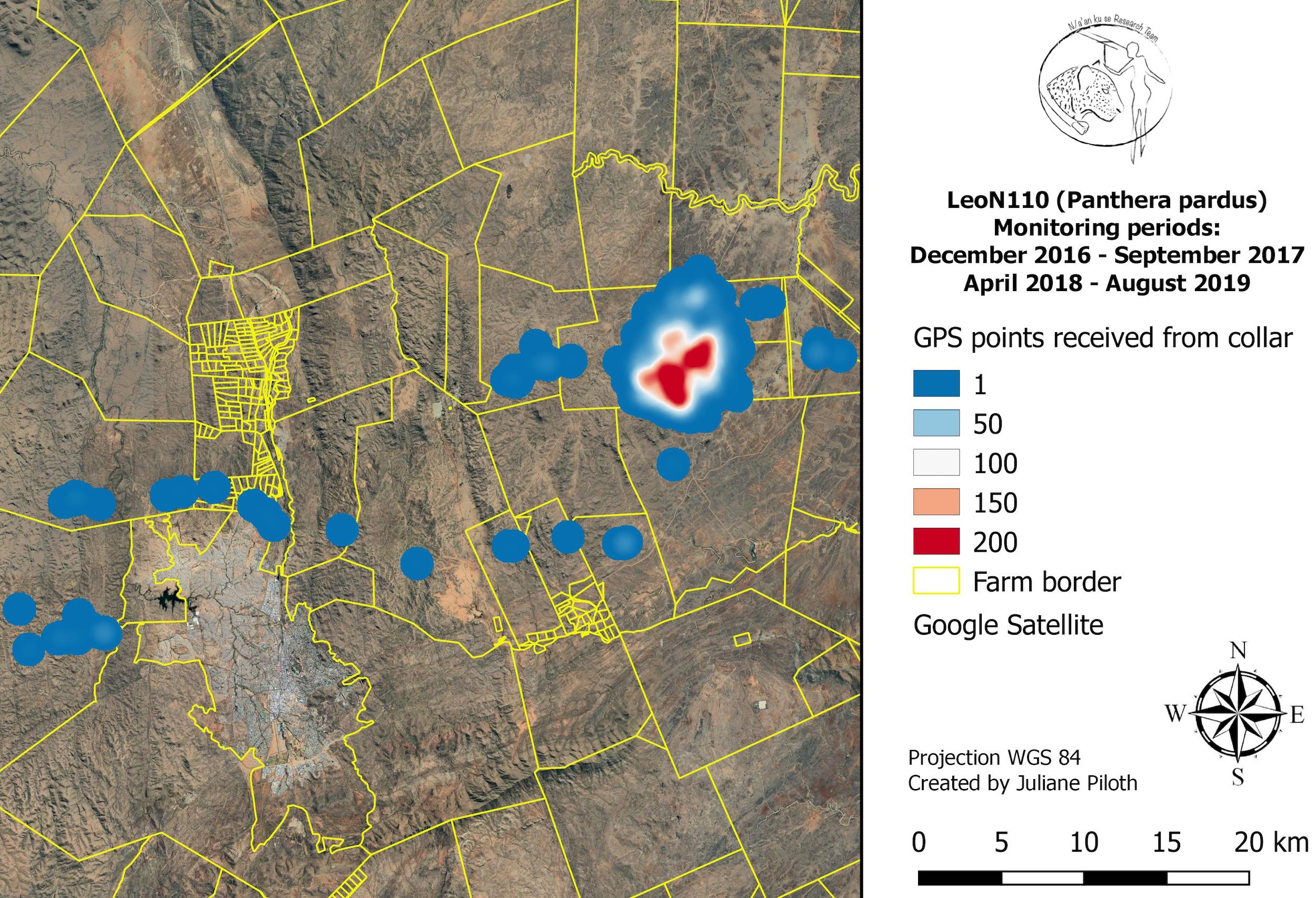 A map showing tracking data from a satellite collared leopard in Namibia.