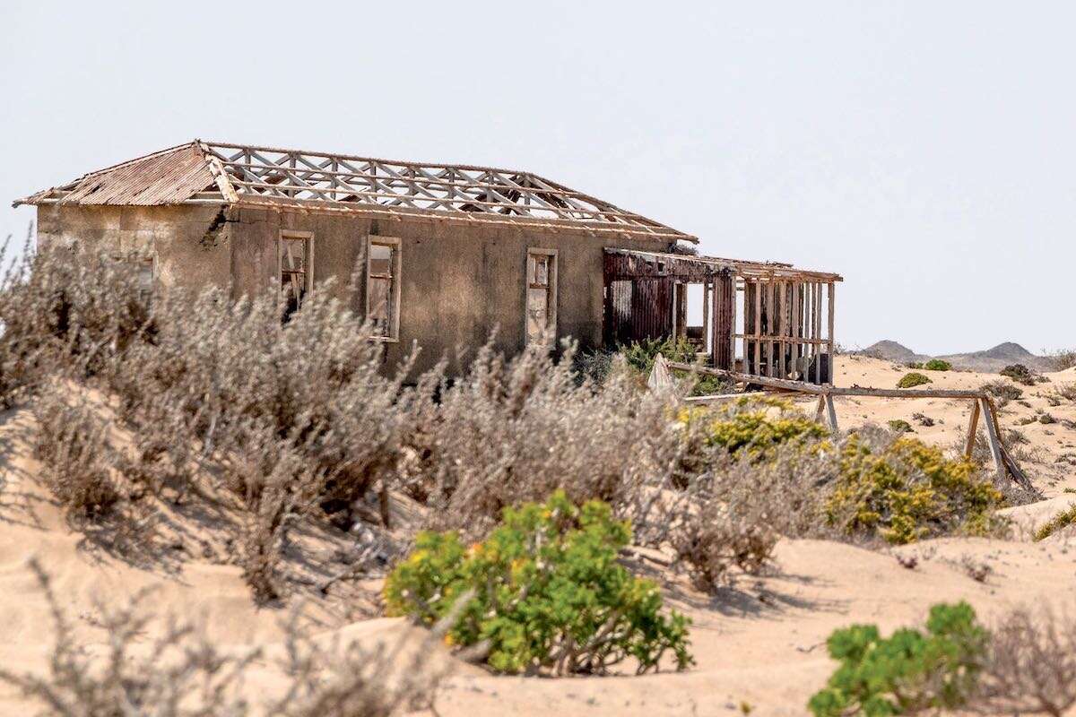 A decaying house being taken over by the desert.