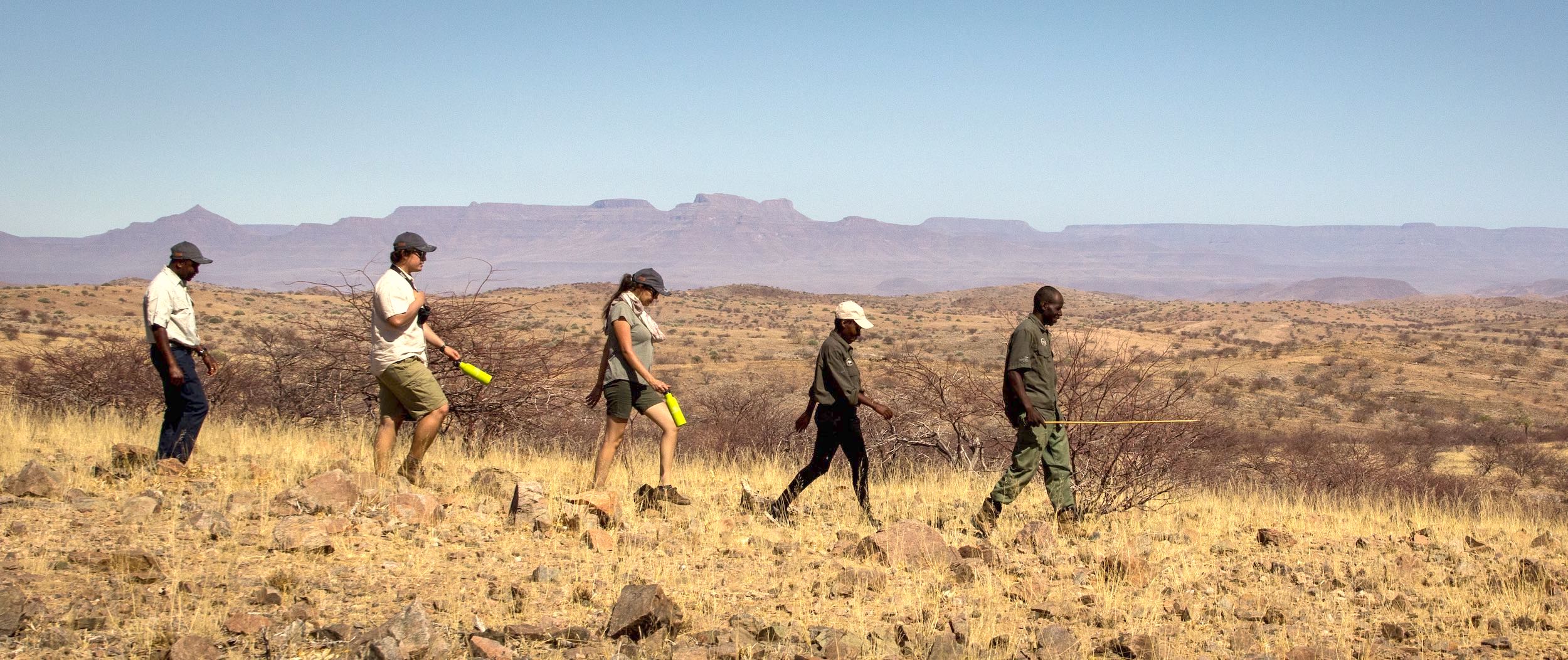 A guide leads a group of tourists on a trek across the stunning scenery of north-western Namibia.