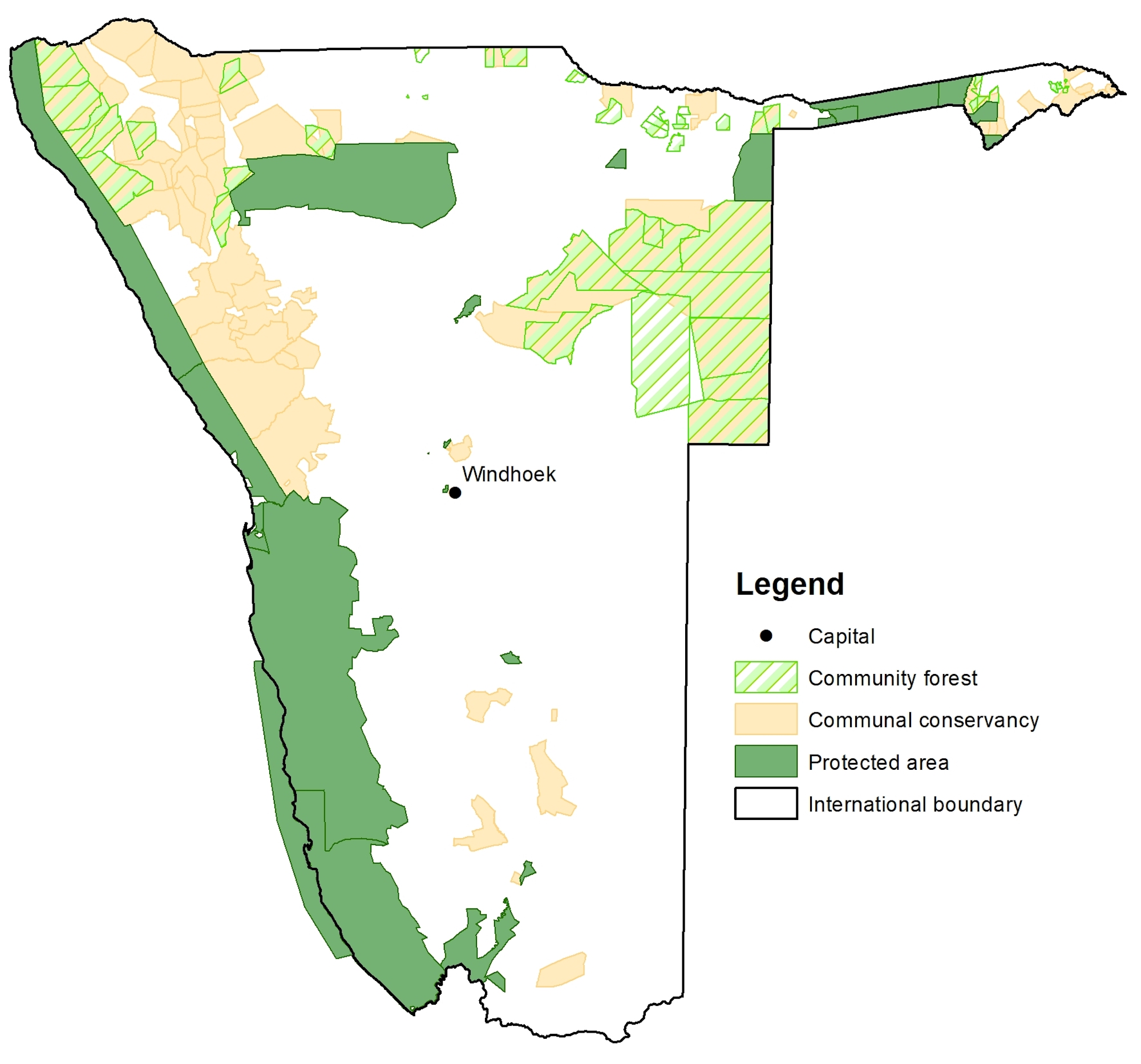 A map showing the community forests in Namibia..