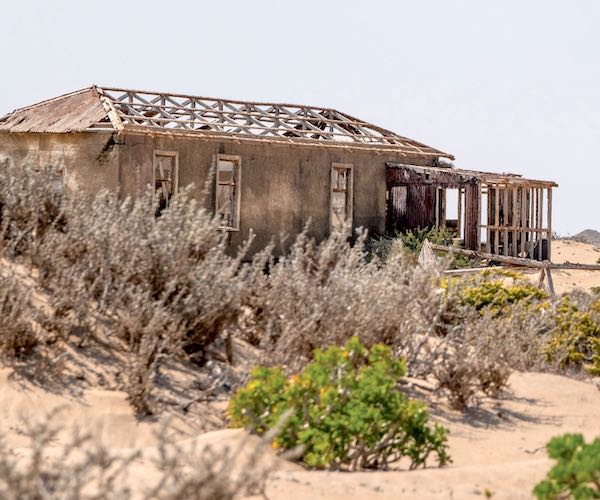 A decaying house being taken over by the desert