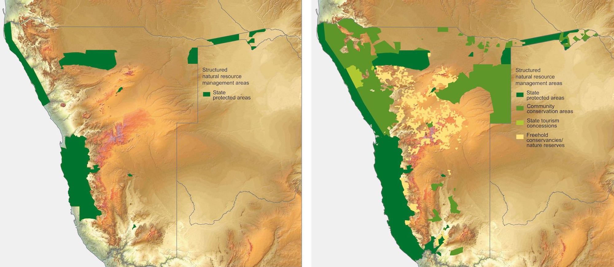 Maps of Communal and Freehold Conservancies and National Parks in Namibia, showing significant growth in protected areas between 1990 and 2017.