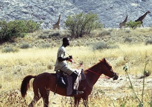 A conservancy game guard patrols on horseback.
