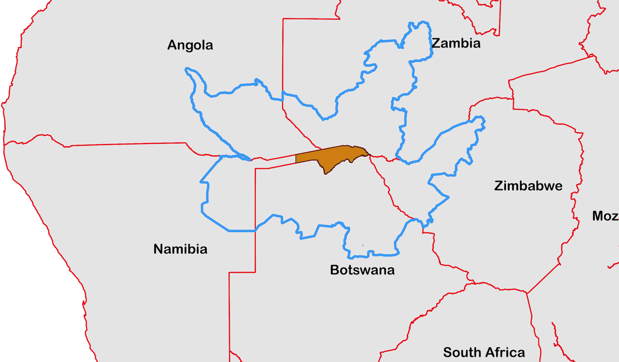 A map of the KAZA area showing where the Zambezi region fits