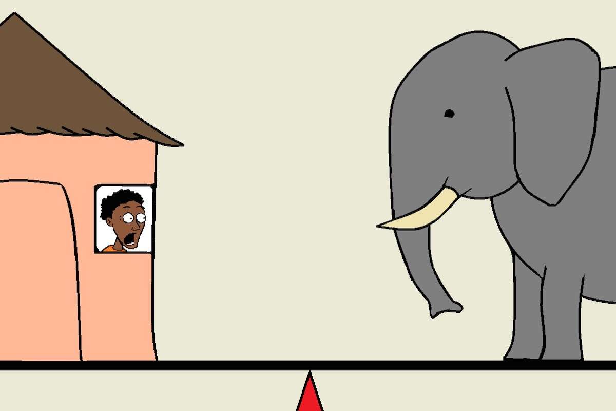 A cartoon depicting an elephant and a terrified villager balancing on a seesaw.