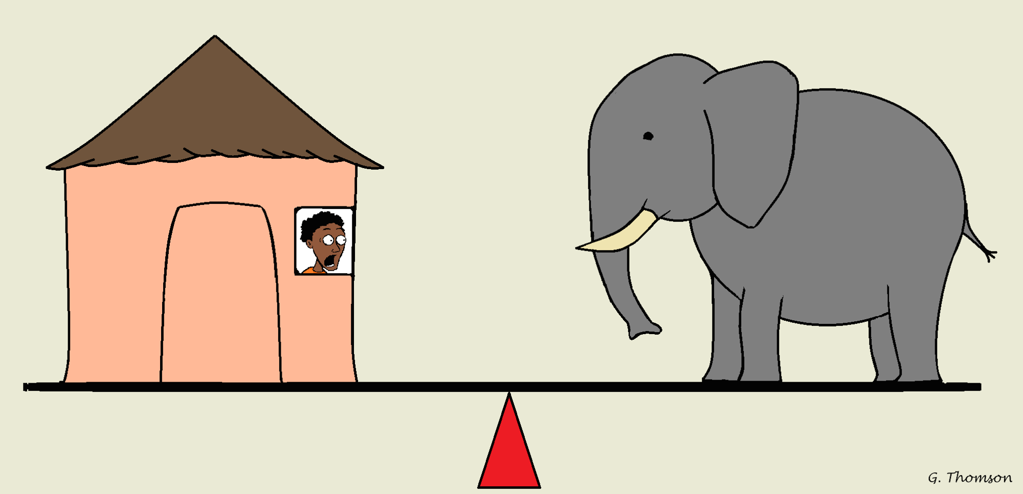 A cartoon depicting an elephant and a terrified villager balancing on a seesaw.