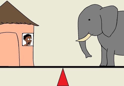 A cartoon depicting an elephant and a terrified villager balancing on a seesaw.
