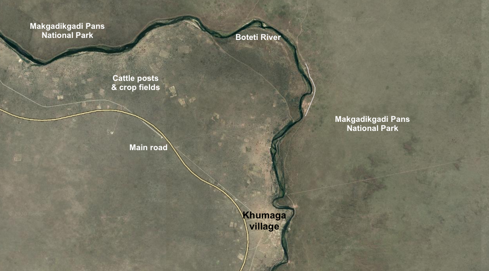 A Google Earth map of the Boteti river.