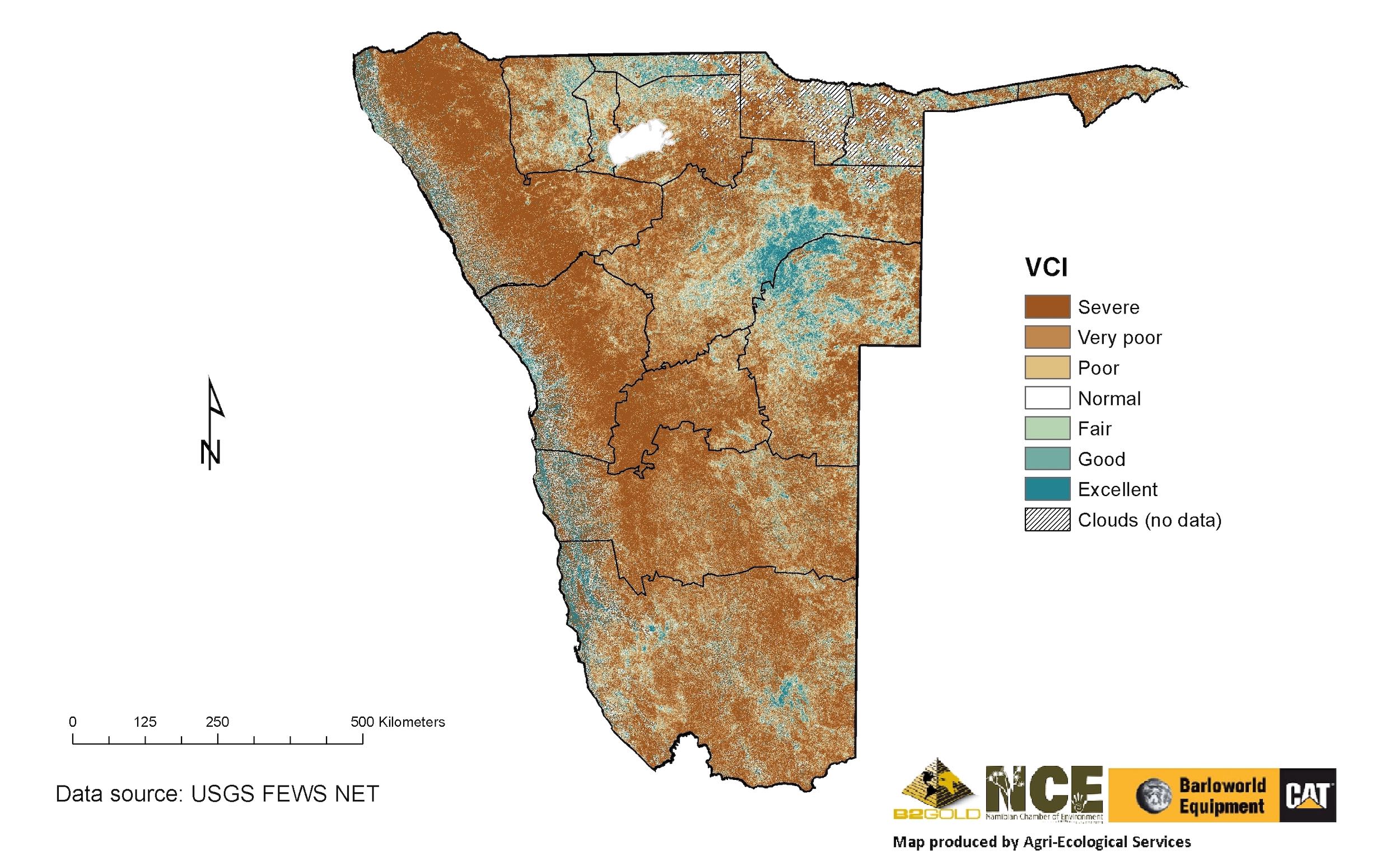 A map of the whole of Namibia showing that most of the country is in severe drought.