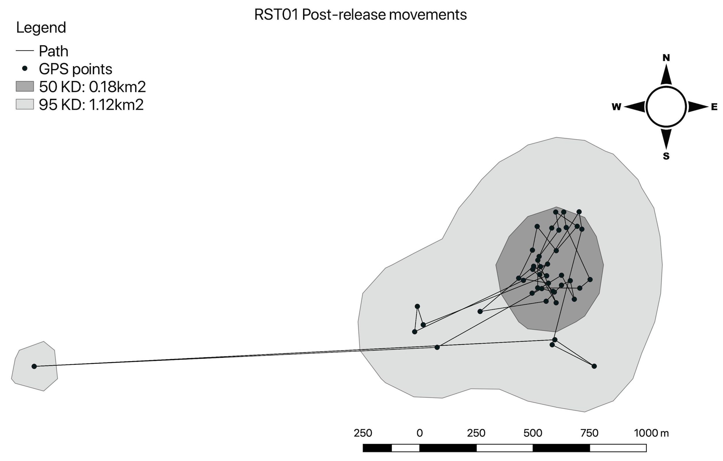 GPS data showing that the pangolin keeps within a 500 m diameter circle most of the time, with occasional trips out a further 500 m.