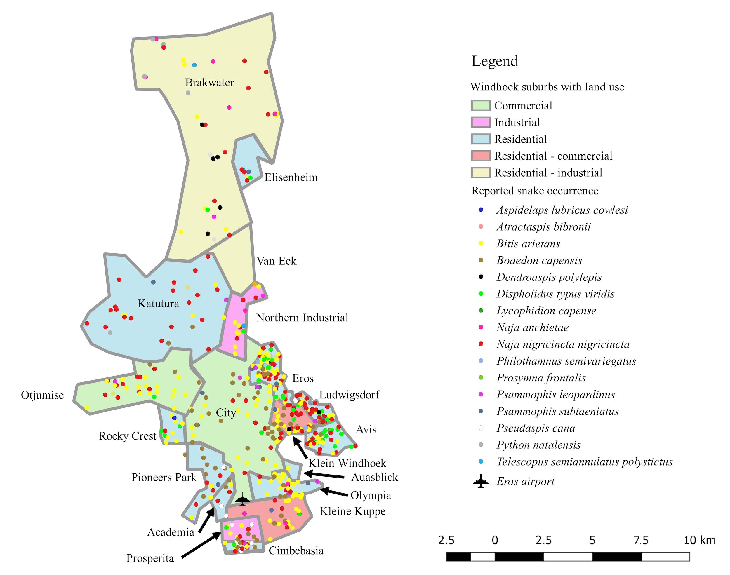 Map of Windhoek suberbs showing where snakes have been found