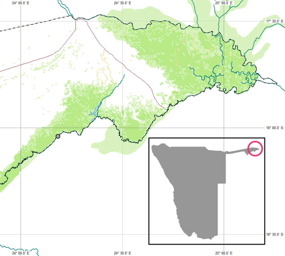 A distribution map of brown hyaena sightings showing that they live mostly in Namibia, Botswana and Zimbabwe.