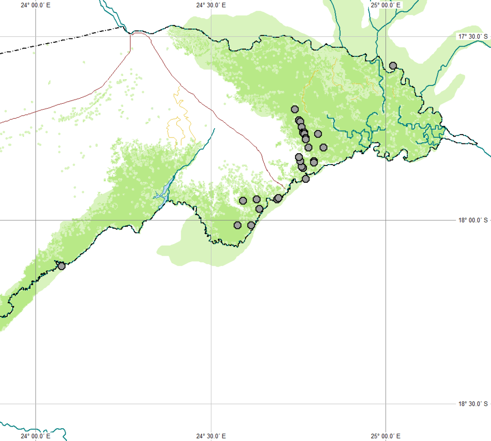 A distribution map of aardwolf sightings showing that they occur in two distinct populations, one in east Africa, and one in southern Africa.