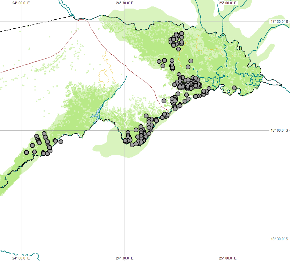 A distribution map of striped hyaena sightings showing that they occur across east and north Africa, and also the Middle East and India.