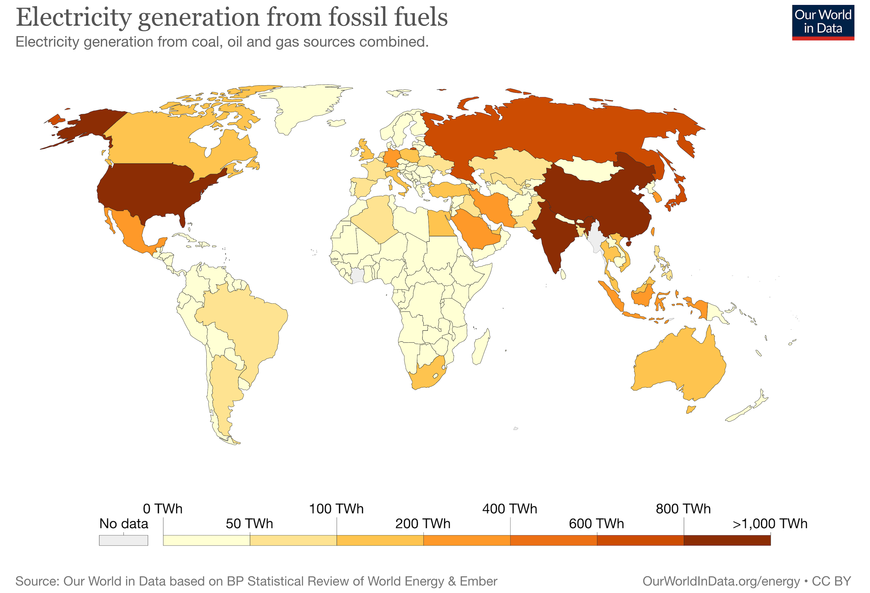 A map of the countries of the world showing the amount of power generation via fossil fuels. The United States, China and India are the worst. Namibia is in the lowest (best) category.