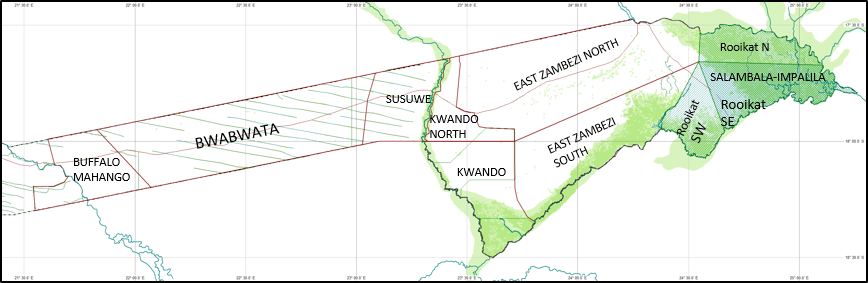 A map of the Zambezi region of Namibia.
