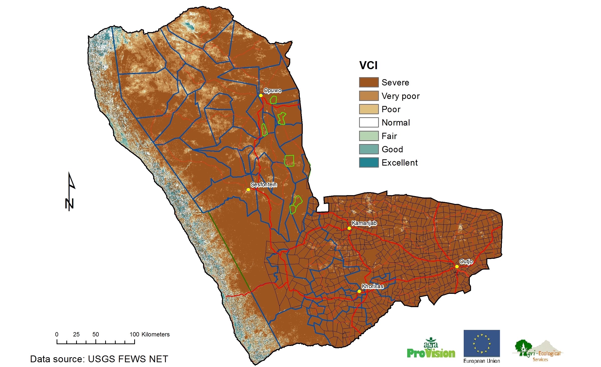 A map/chart of the Kunene region showing the status of vegetation cover. Virtually the entire region is rated as Severe, which is the worst category.