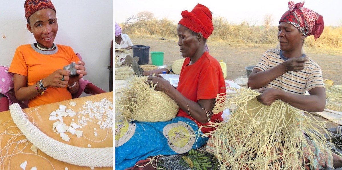 Various San people work on craft projects to sell via Omba Arts Trust.