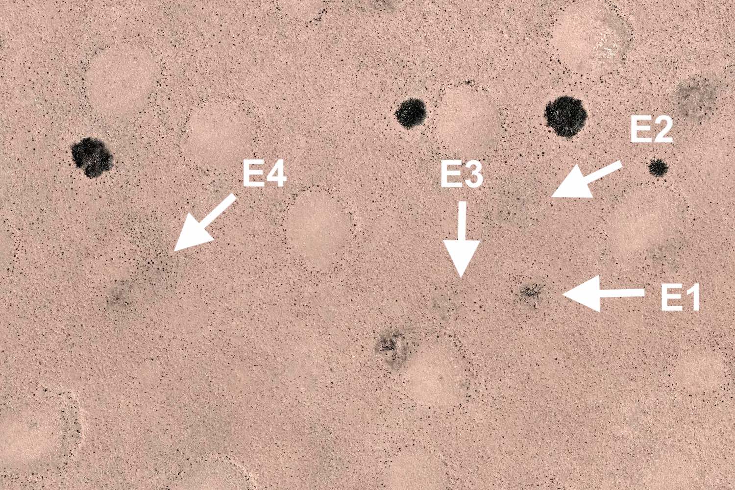 An overhead aerial view showing the same fairy circles as in the Google Earth map, but 11 years later.