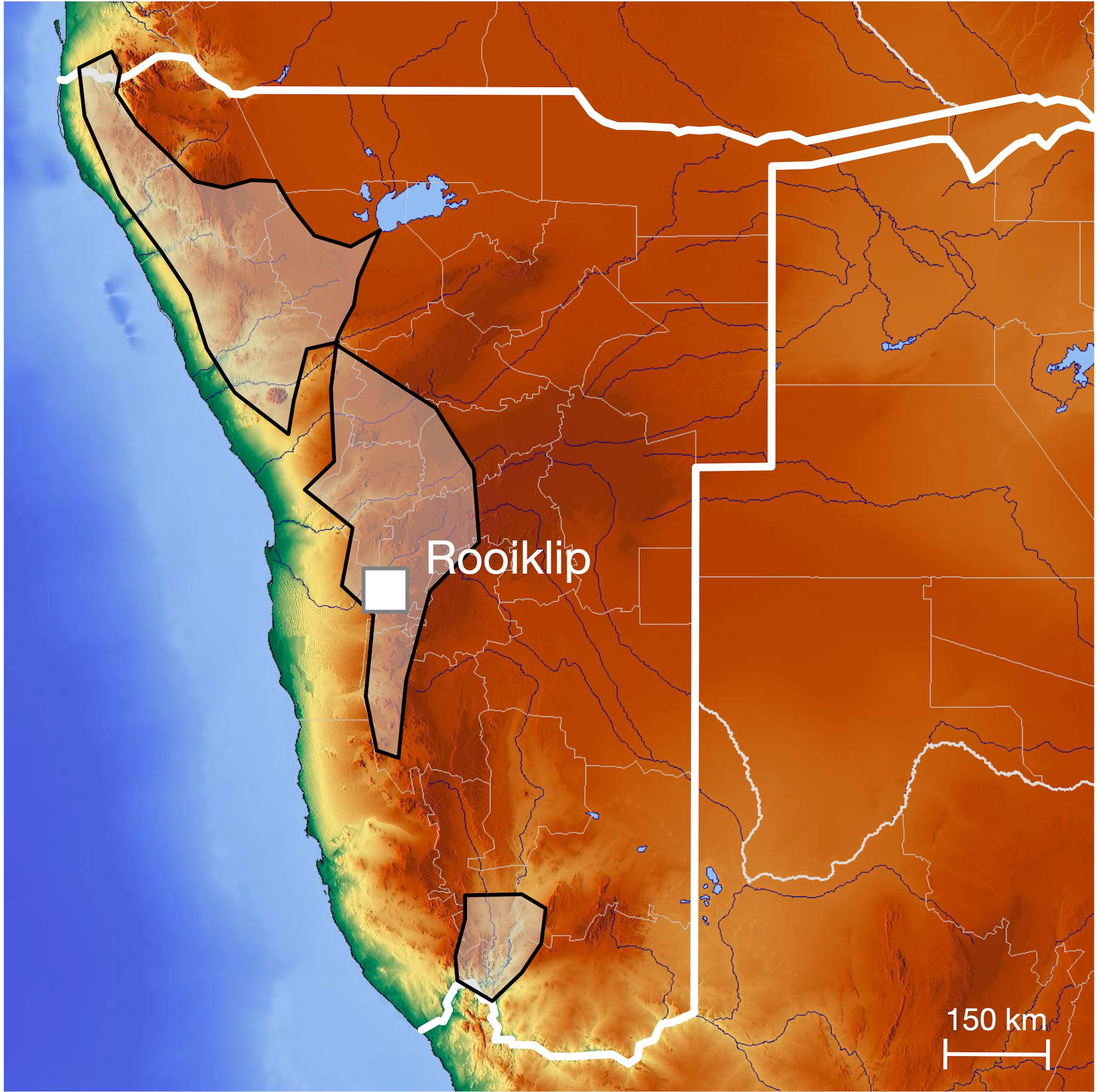 A map of Namibia highlighting the study area west of the centre of the country.
