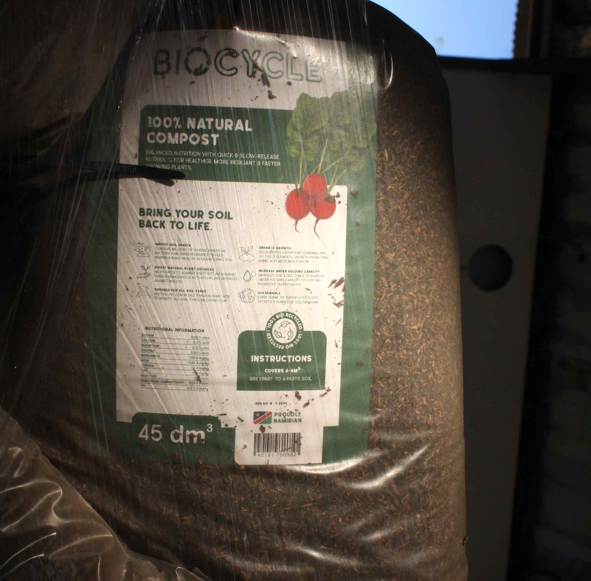 A clear sack containing the Biocycle compost.