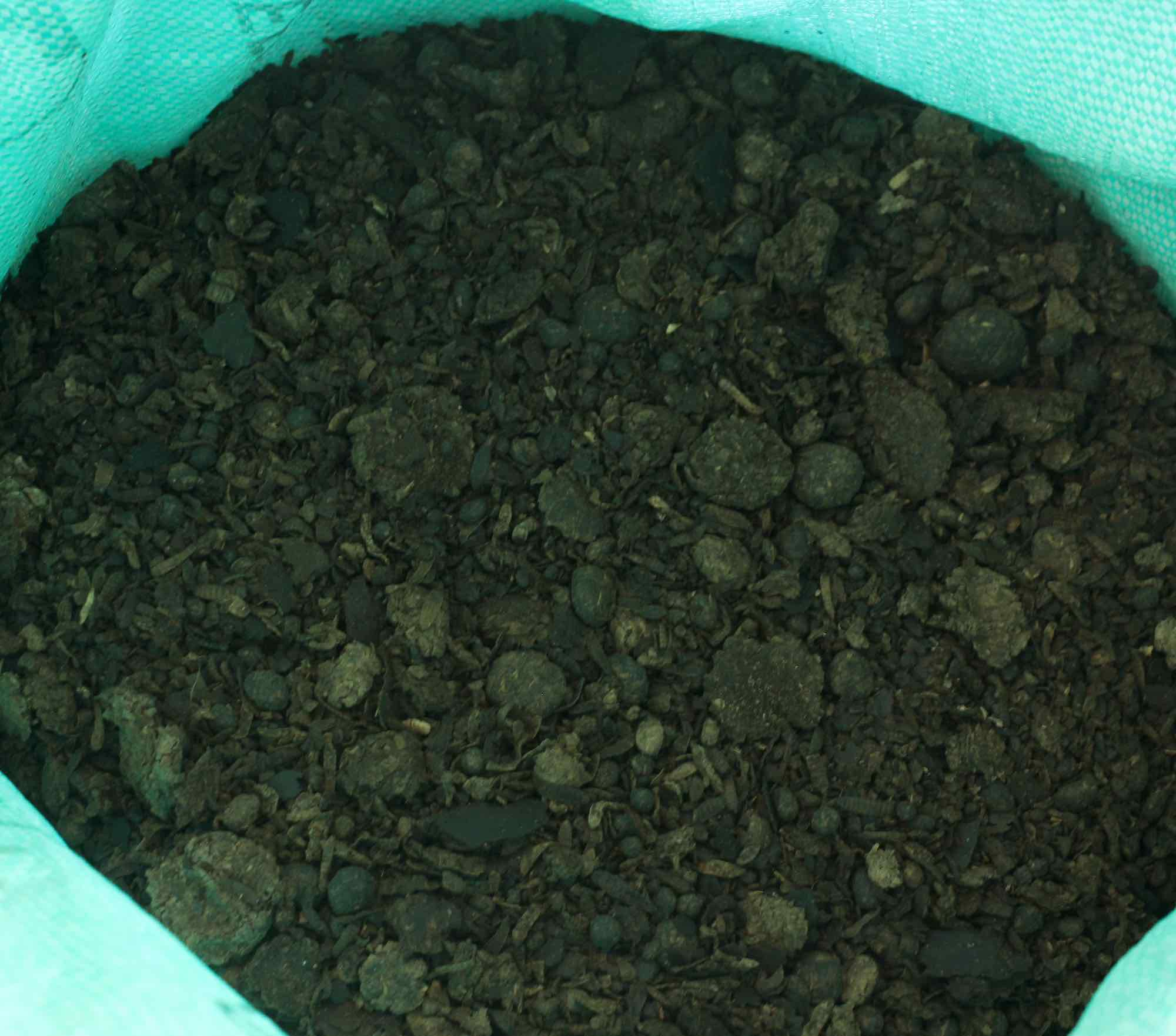 A green container containing dark earth-like material.