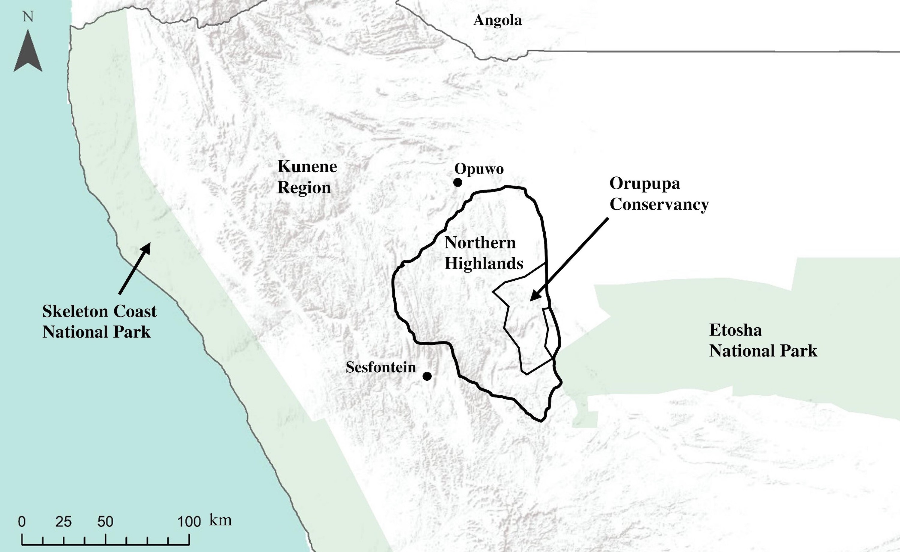 A map showing the location of the Kunene Region, the northern highlands and, Orupupa Conservancy in NW Namibia.
