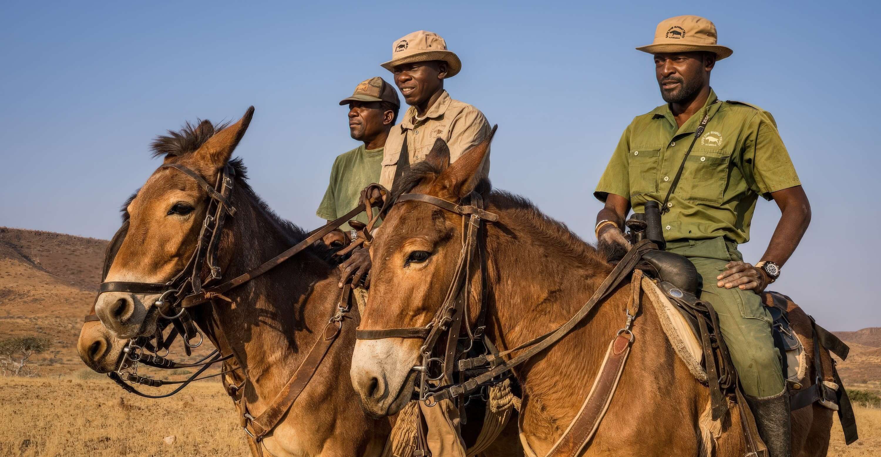Three rhino rangers riding on mules.