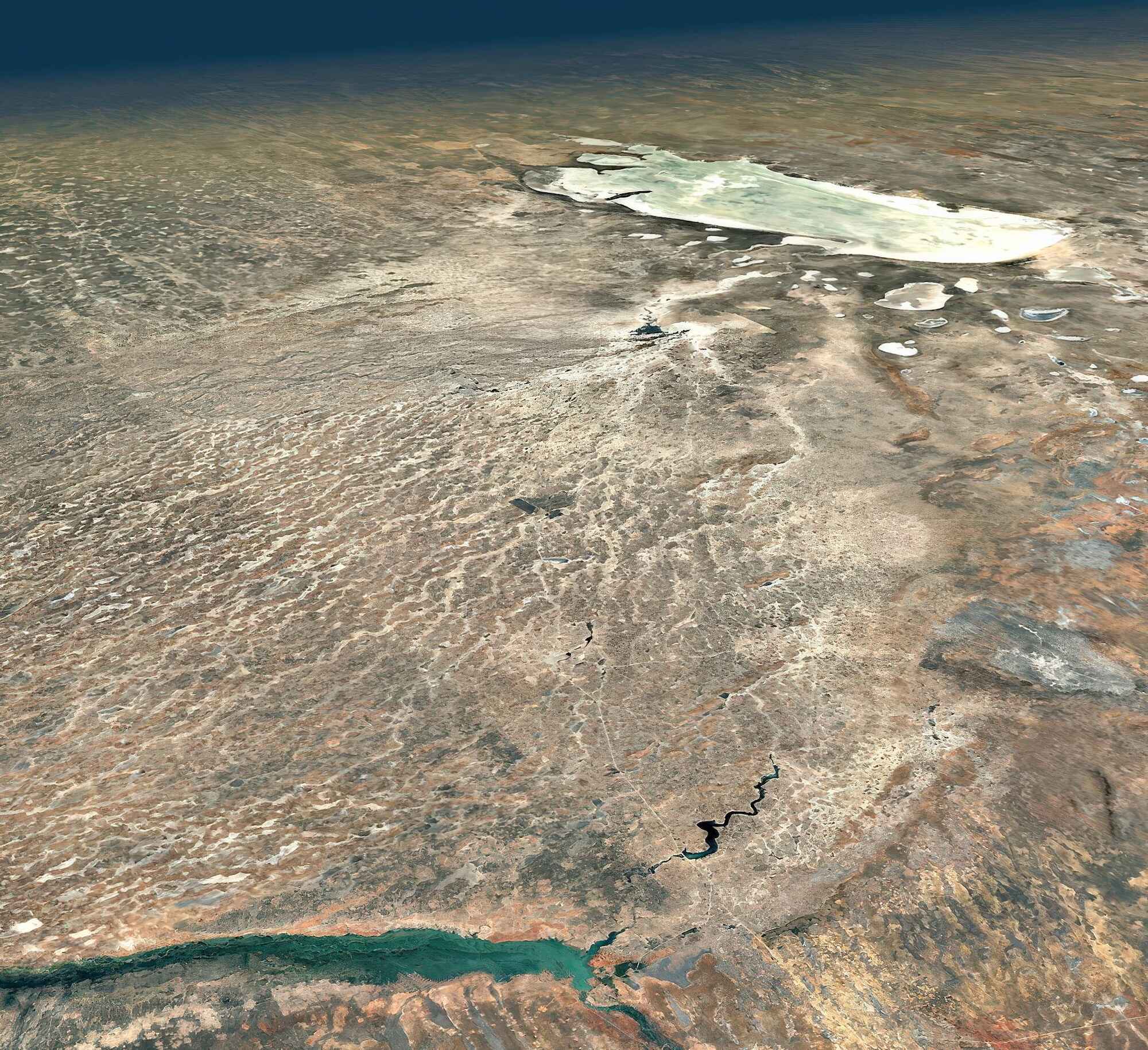 Areial view showing the border between Namibia and Angola with Etosha National PArk visible in the top right.