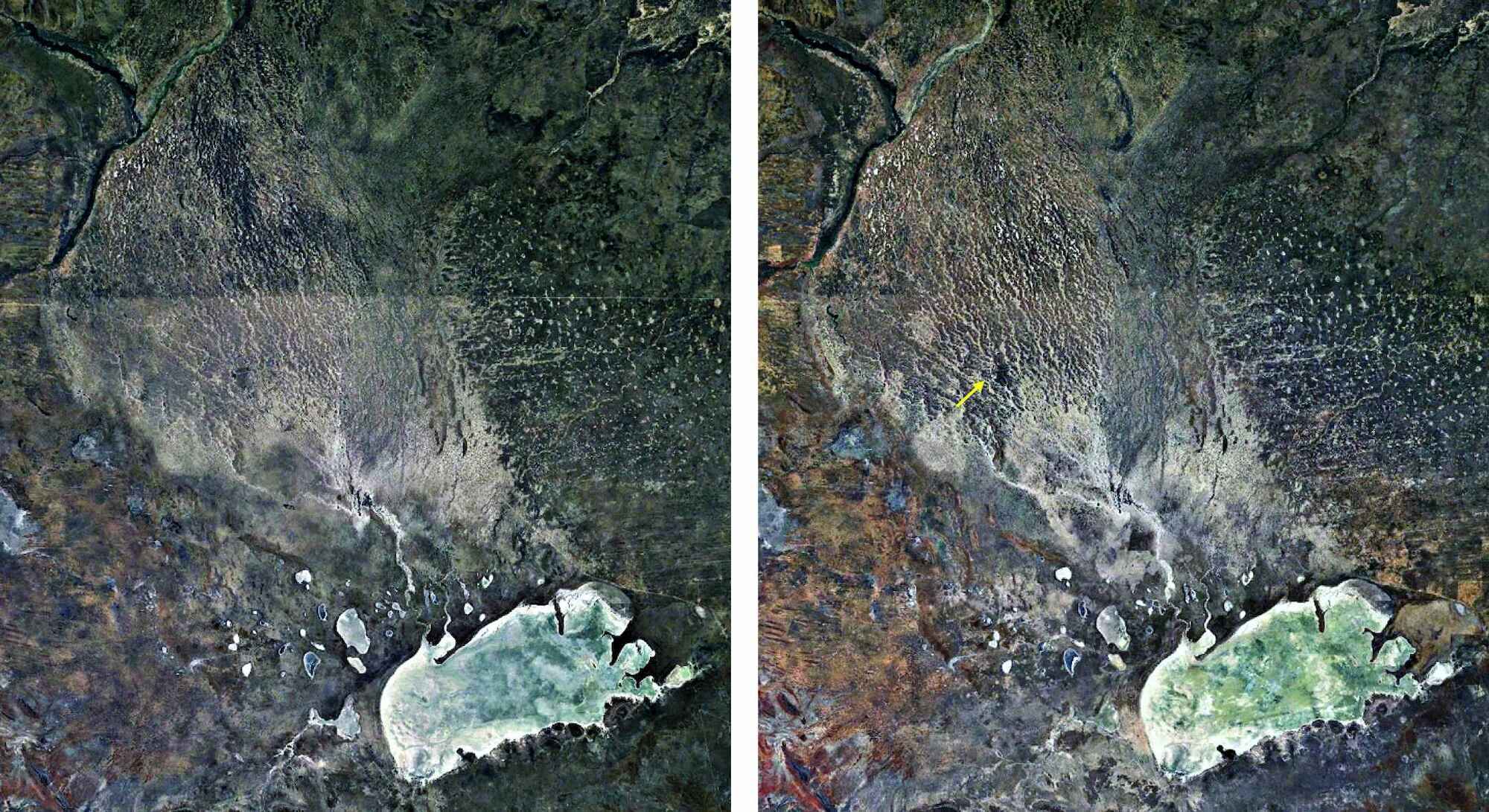 Two aerial views shwoing the distinctive border between Angola and Namibia.