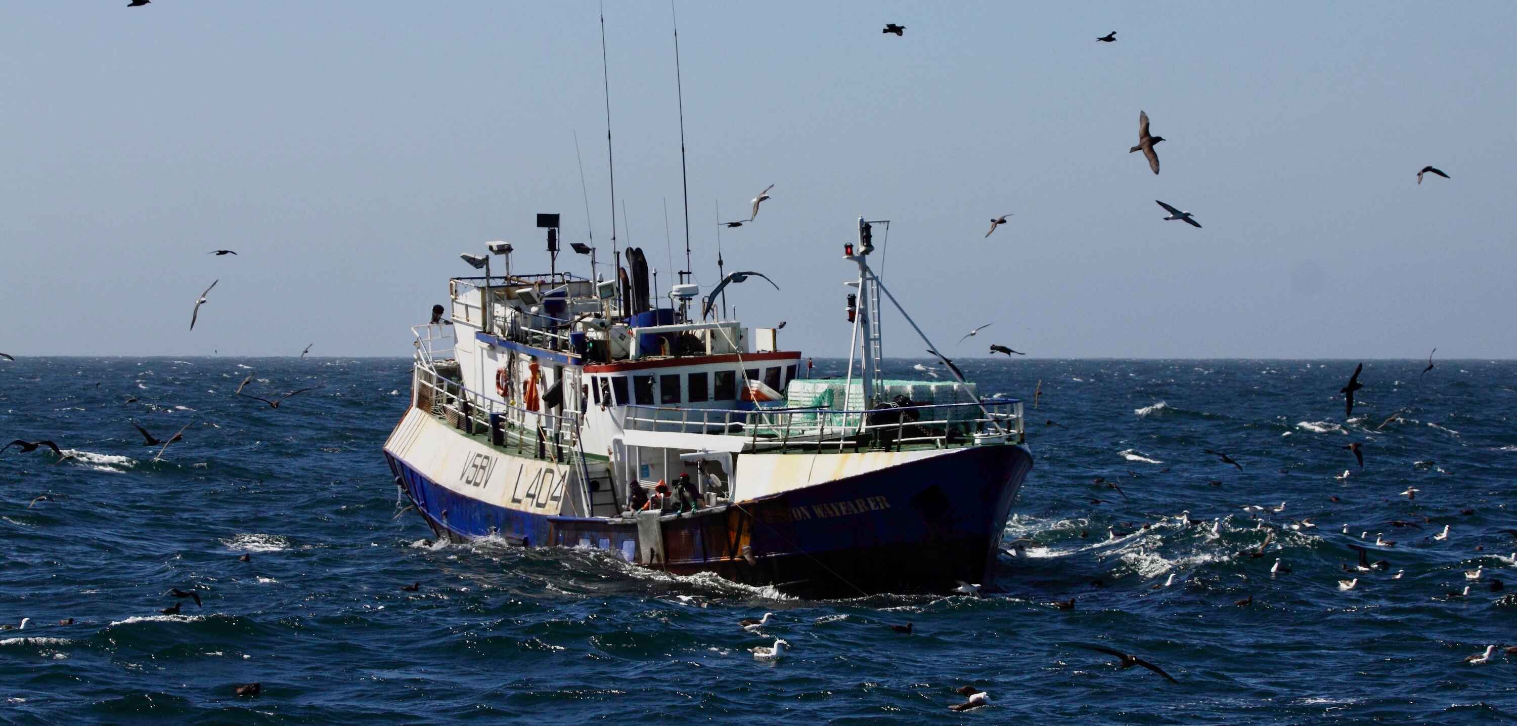 A longline fishing vessel at sea.