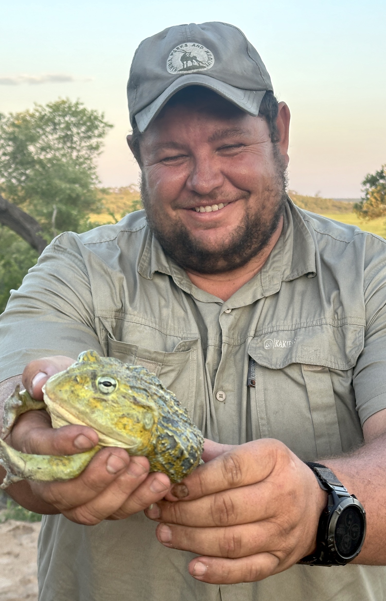Bearded and smiling, Piet Beytell holds a Beytell's bullfrog.
