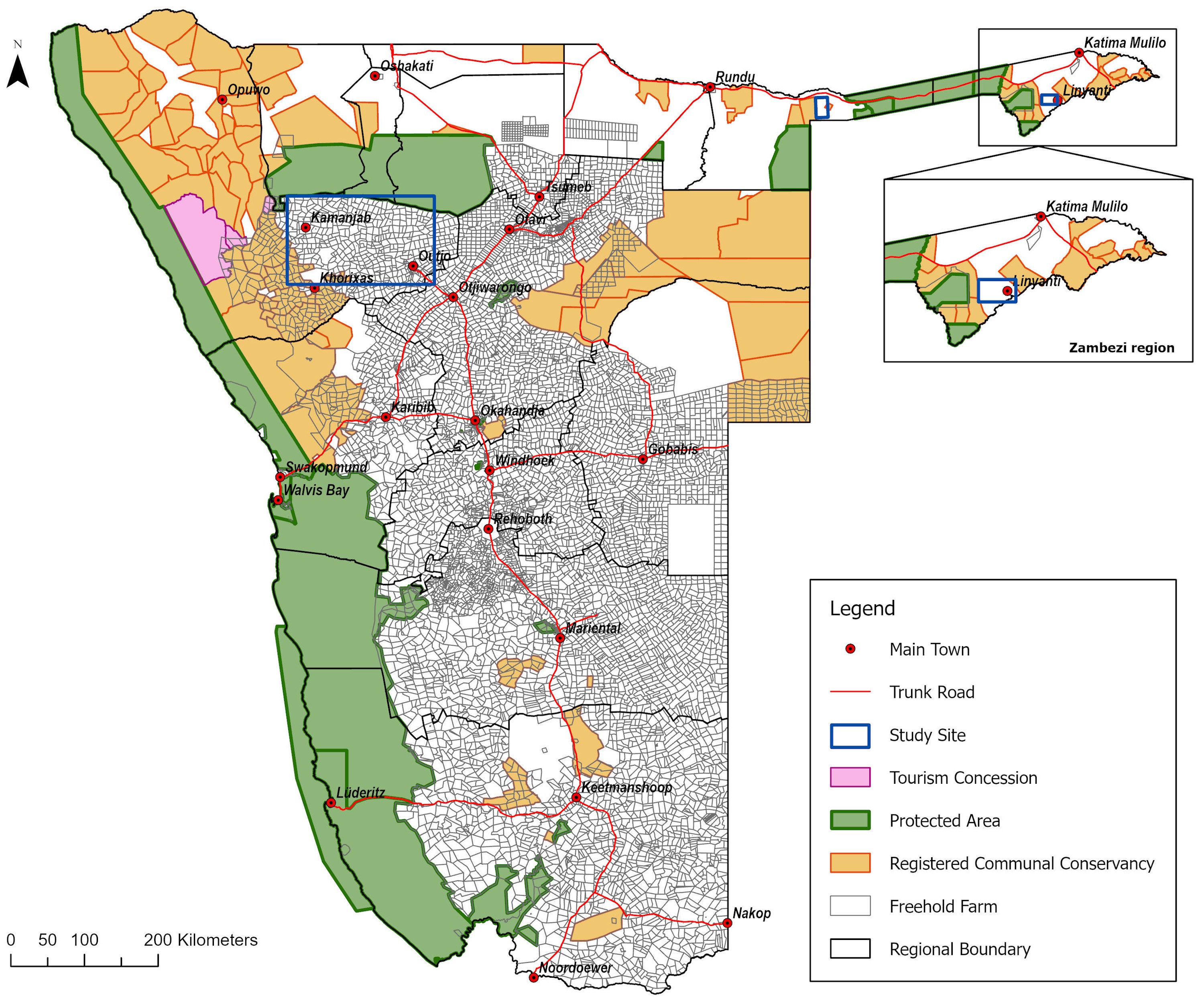 A map of Namibia which higlights the three study areas.