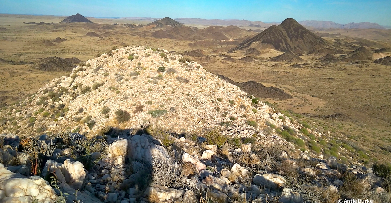 A view looking down and across a valley, with mountains in the background.