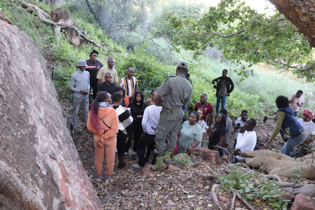 A group of people walking on a bush trail.