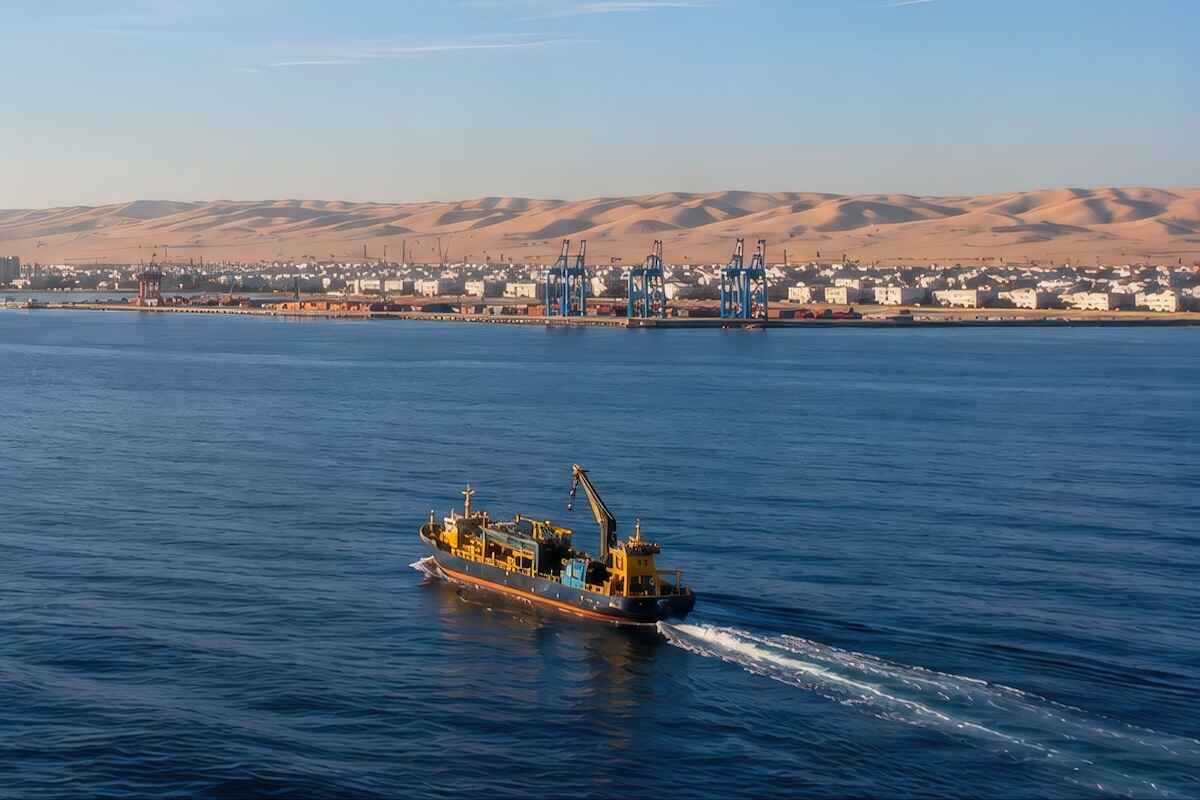 A mining vessel approaches a port.