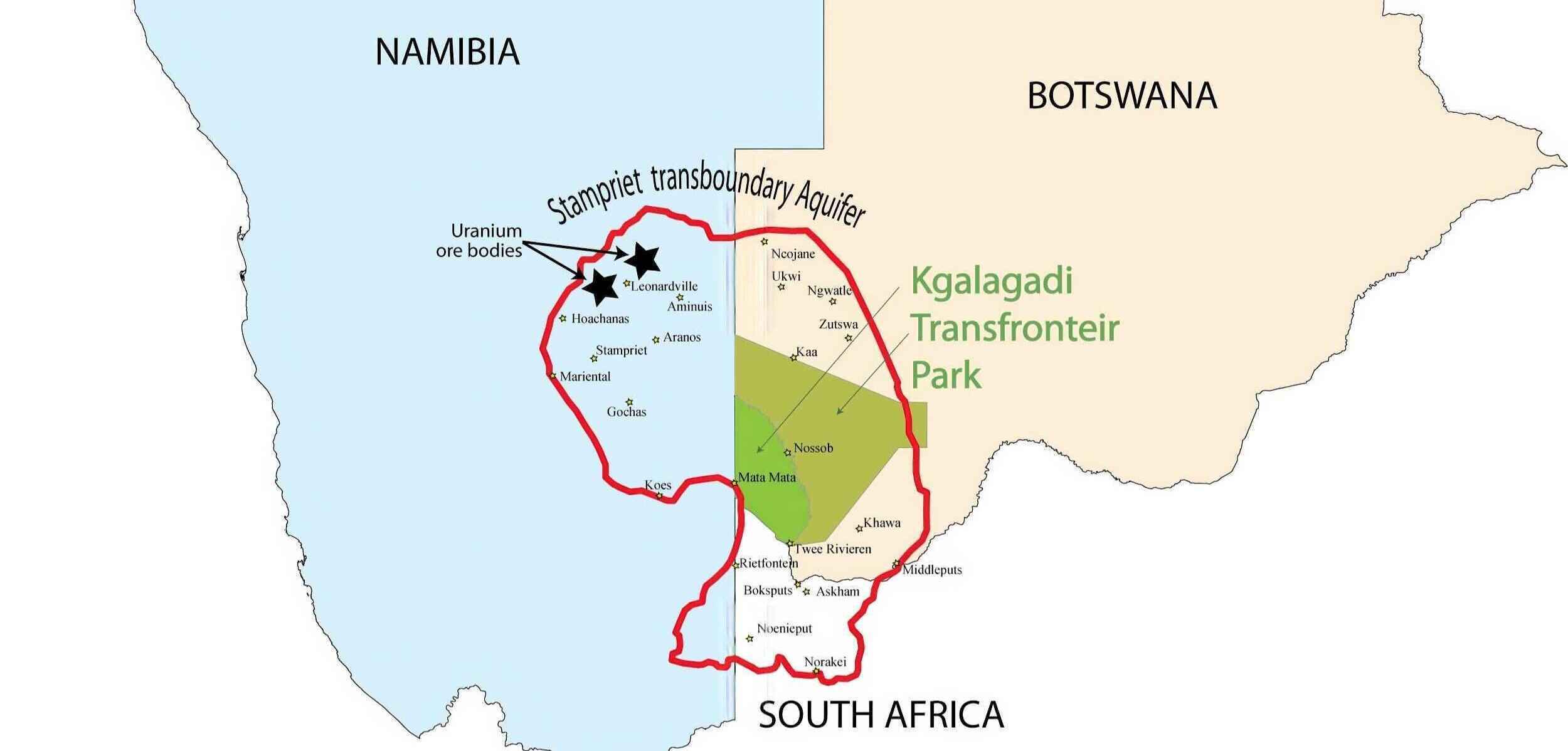 A map showing the location of the Stampriet aquifer beneath Namibia, Botswana and South Africa.