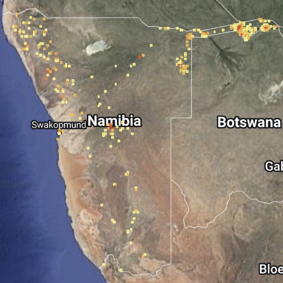 A map of Namibia showing sightings all over, but especially in the Zambezi region.