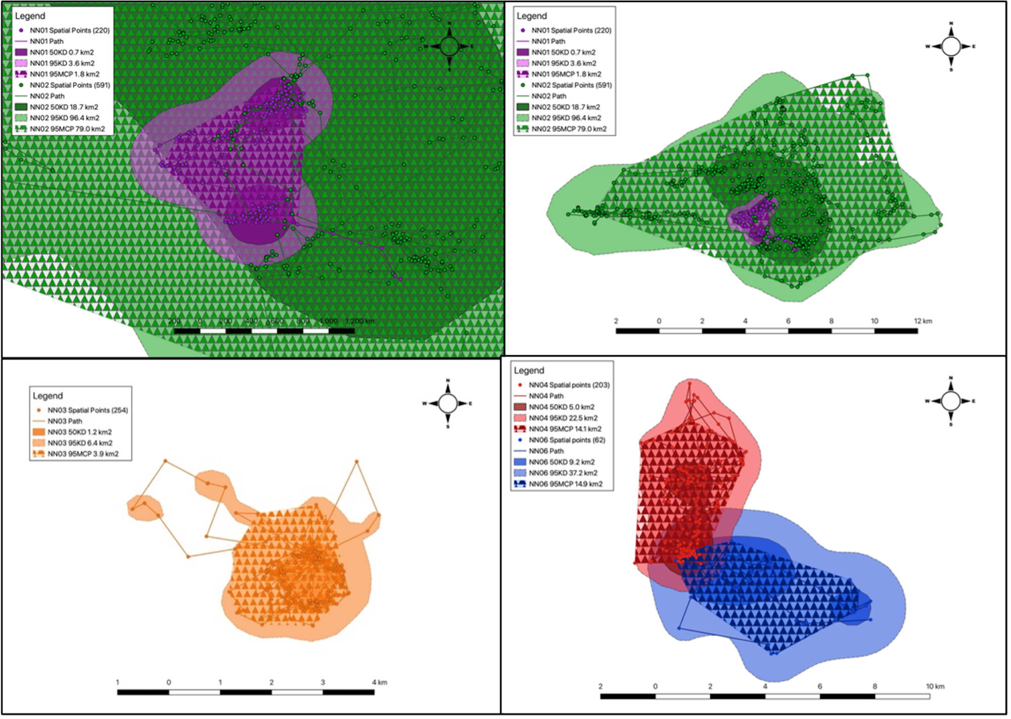 Four maps showing Pangolin movements derived from collar data.
