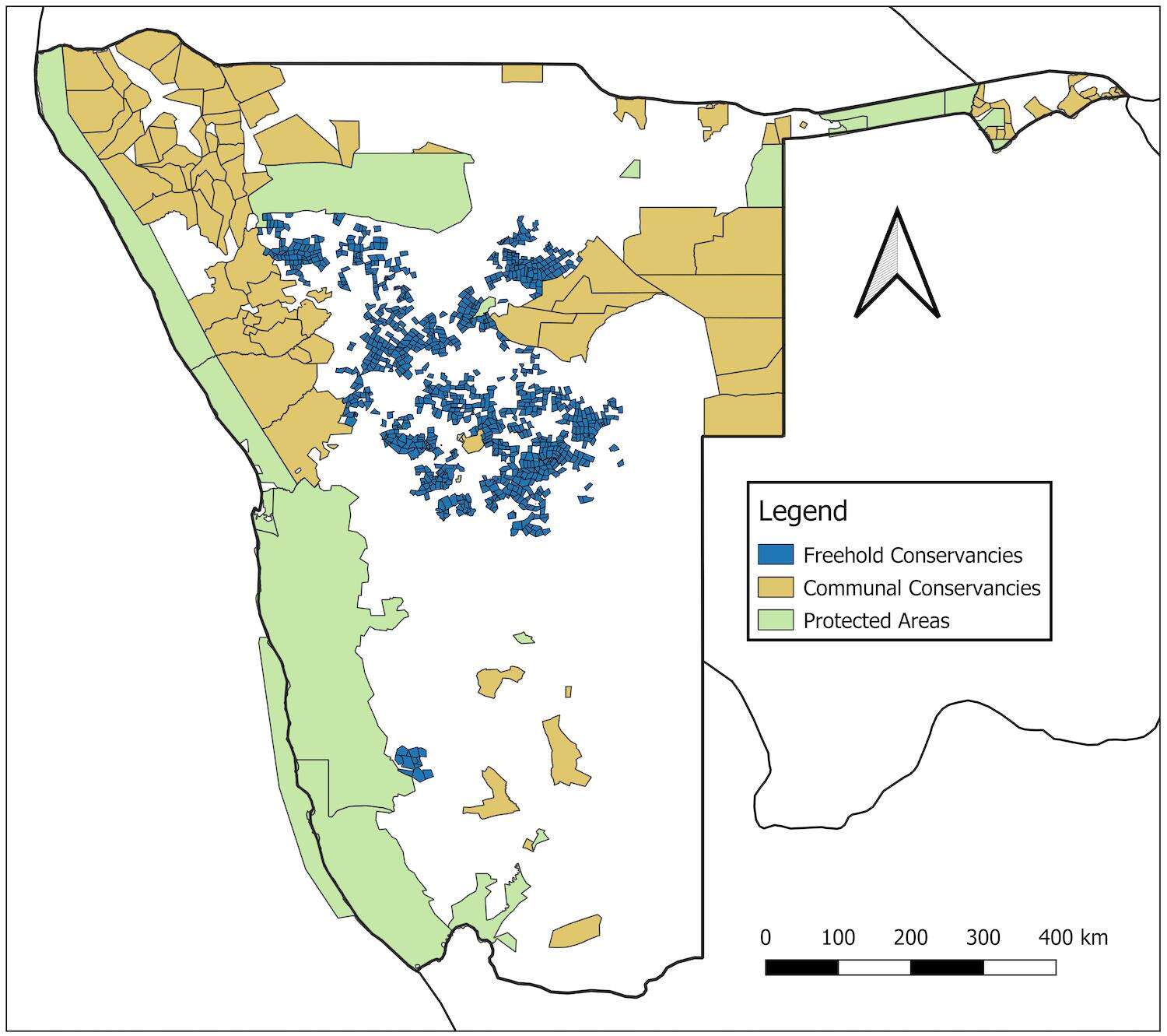 A historical map of Namibia showing conservancies and other protected areas.