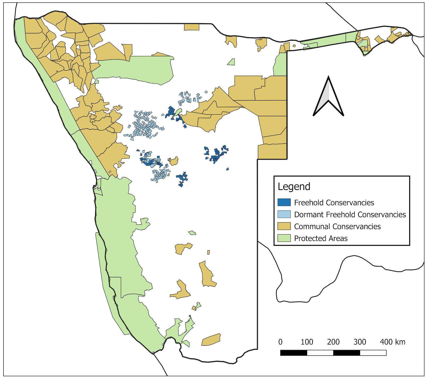 A map of Namibia showing conservancies and other protected areas.