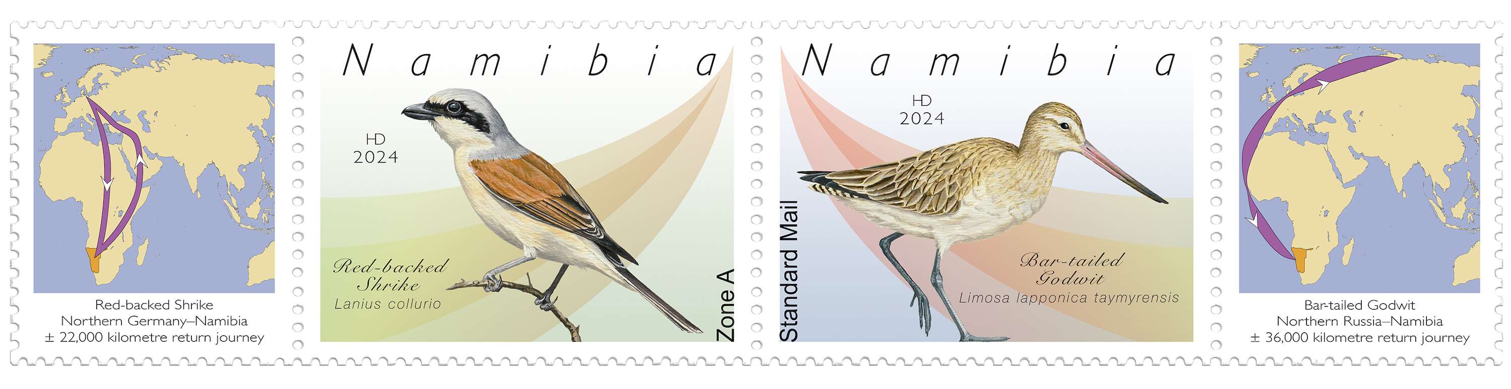 Stamps featuring migratory birds and migration routes.