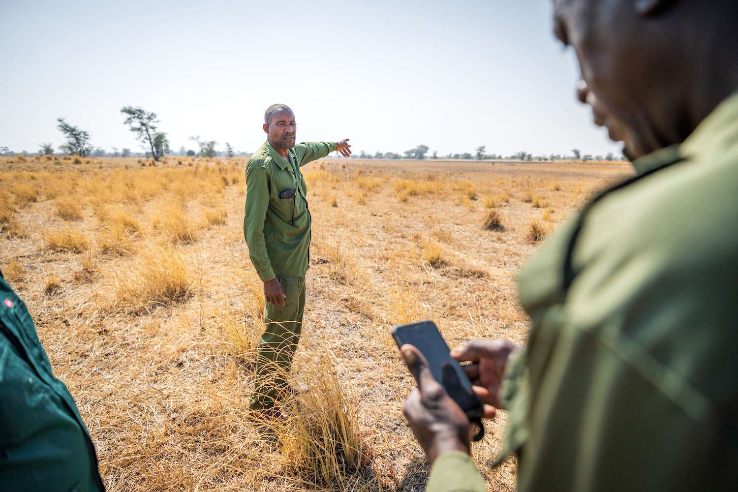 A ranger looks at a mobile phone screen while a colleage points into the distance.