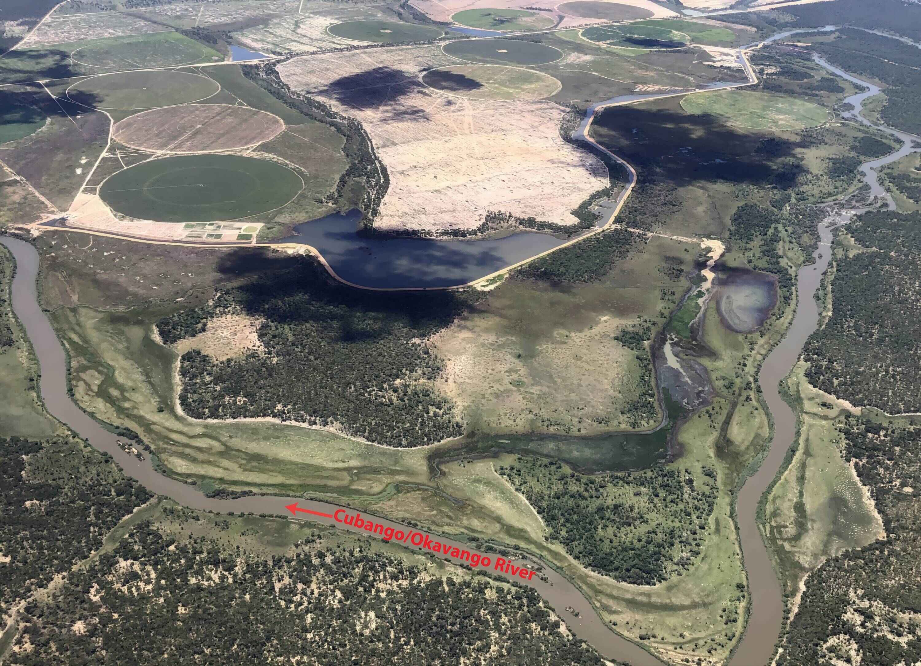 Aerial view of the Cubango/Okavango river showing agricultural developments on one side.
