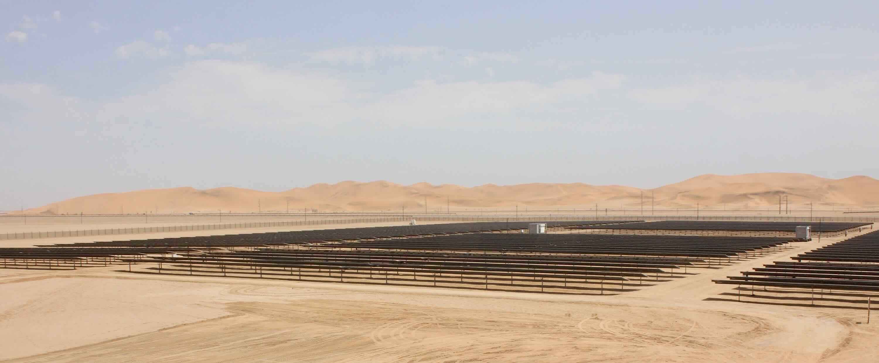 A large solar farm in the desert.