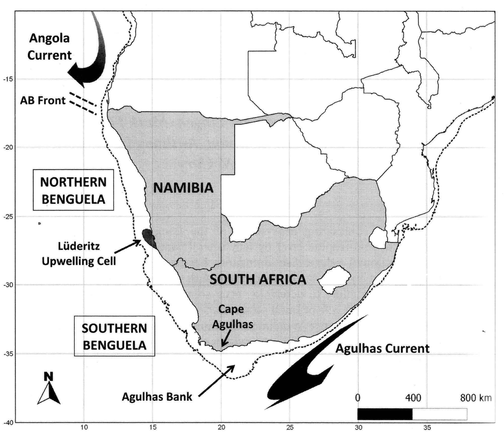 A map showing the ocean currents off the coasts of Namibia and South Africa.