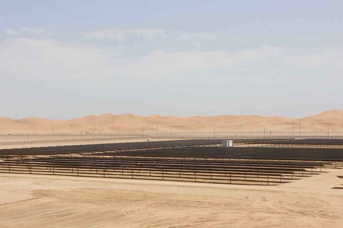 A large solar farm in the desert.