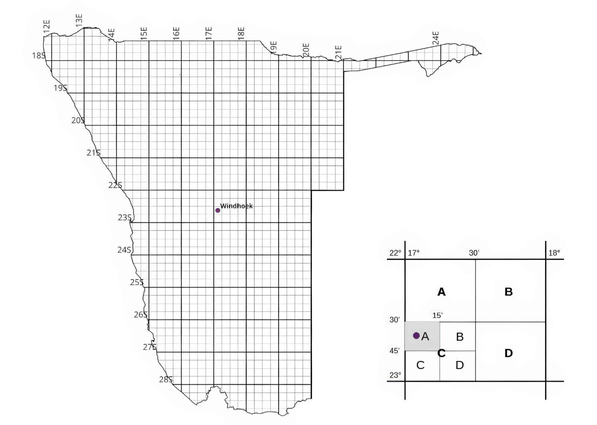 A map of grid squares across Namibia.