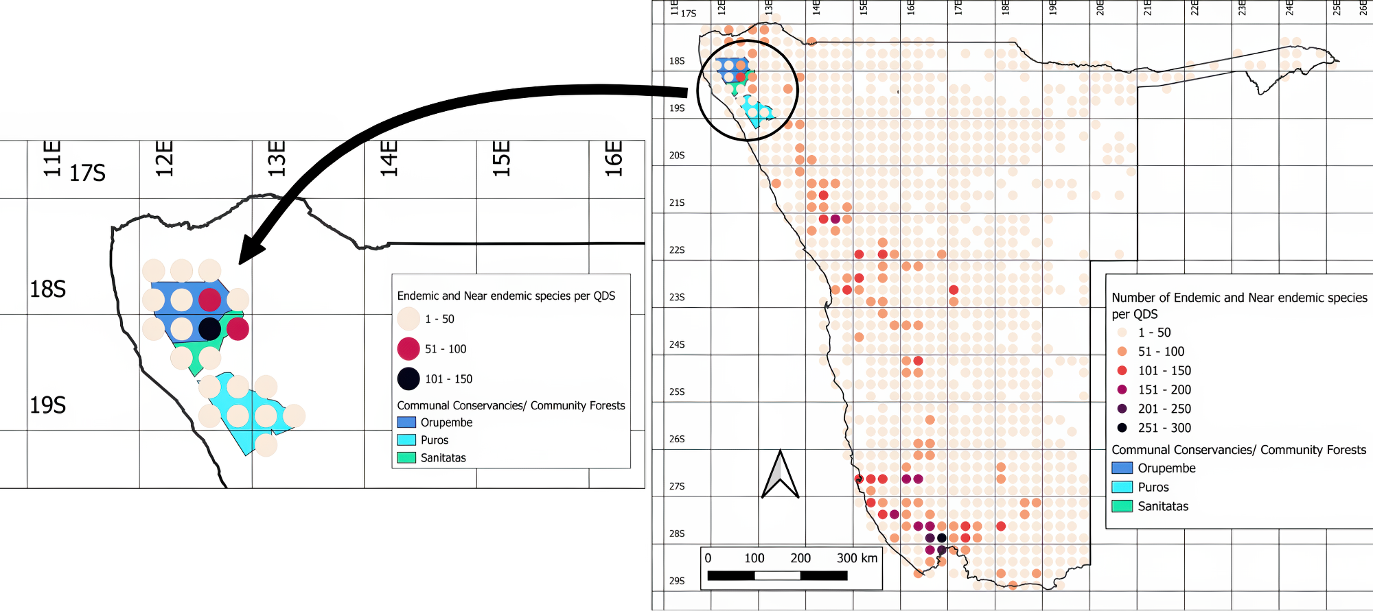 A map showing numbers of endemic species in Namibia.