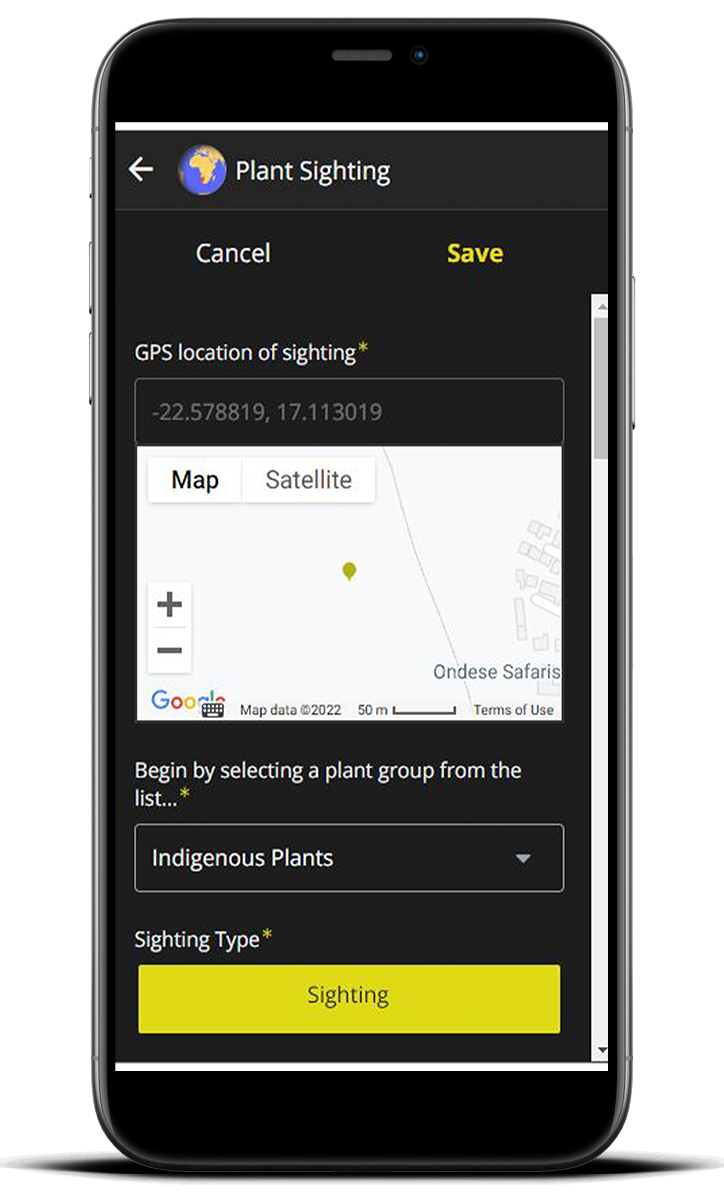 Device showing sightings map.
